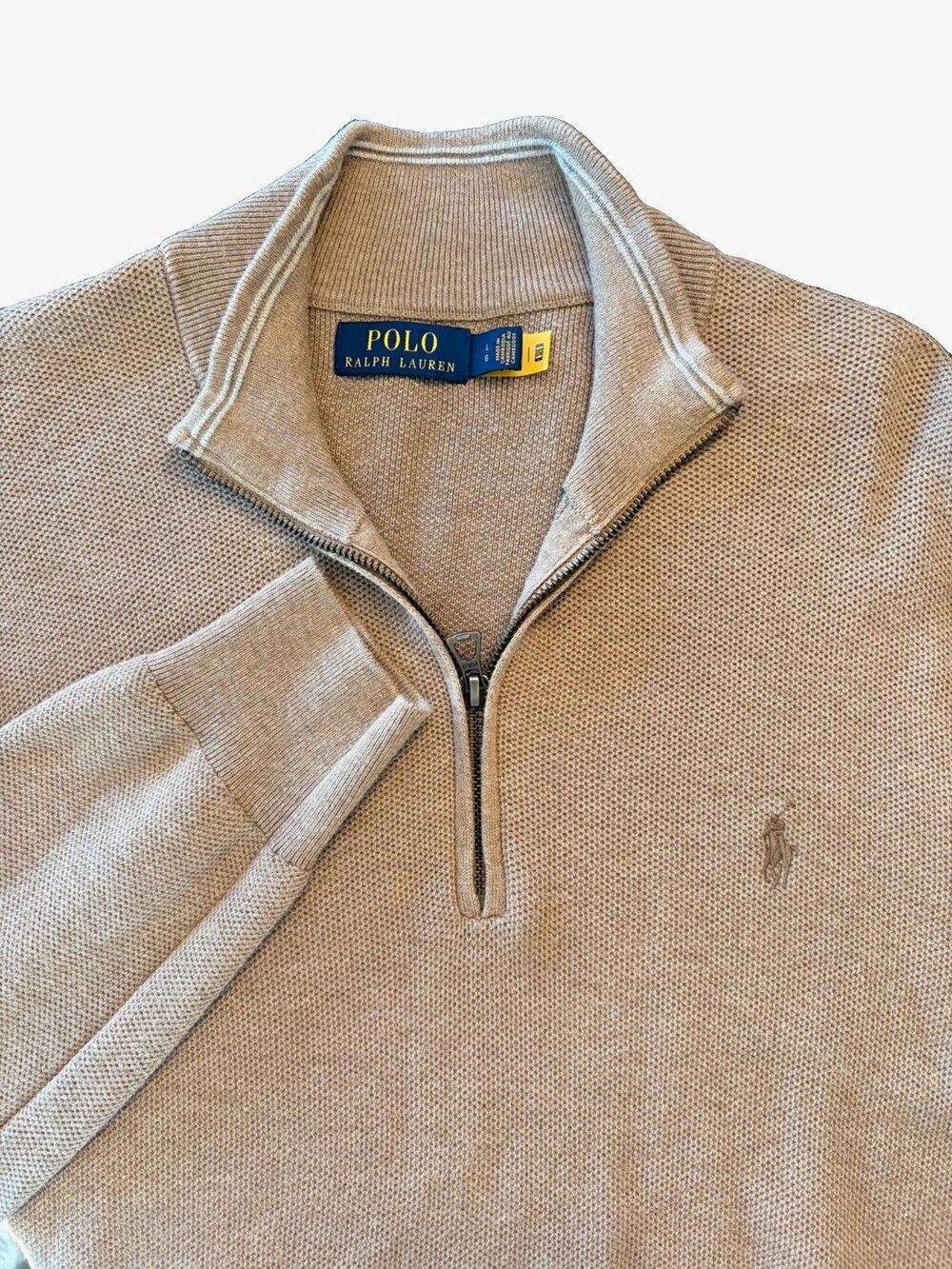 Polo Ralph Lauren Men’s Beige Cotton Knit 1/4 Zip Mock Neck Sweater L